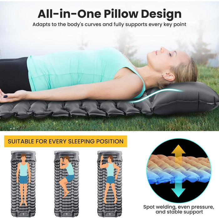 Isomatte Camping Self-Inflating Sleeping Pad - 12cm Thick, Compact, Waterproof Air Mattress with Foot Pump & Pillow - Ripstop Anti-Tear Sleeping Mat for Hiking & Beach (Gray)