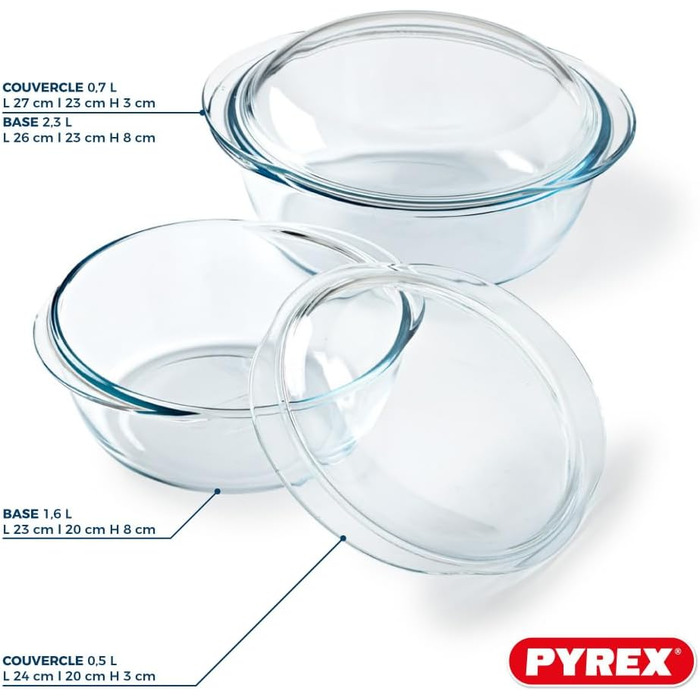Набір Pyrex 4-в-1: 2 жаростійкі каструлі 1,6 л і 2,3 л, боросилікатне скло, для духовки, мікрохвильовки, пароварки, посудомийки