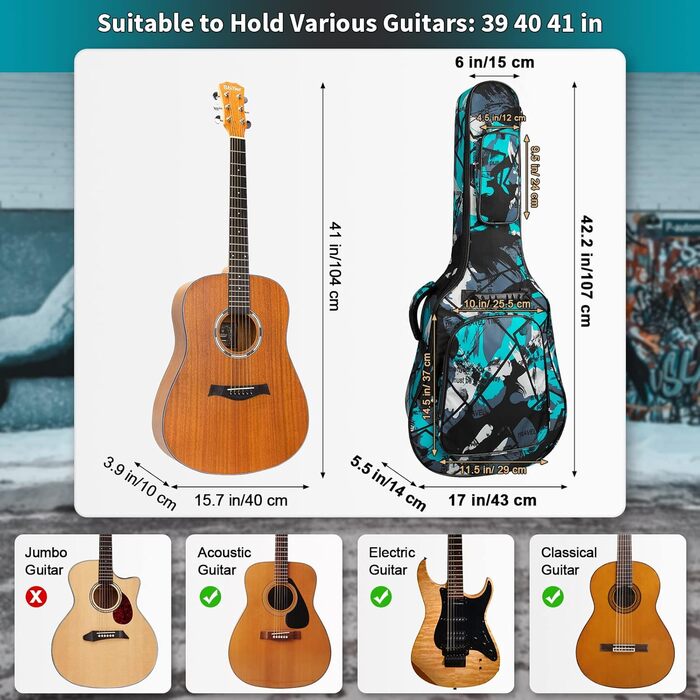 Чохол для гітари повного розміру 99 см (40 дюймів) - для акустичної та концертної гітари, Gigbag, 15 мм, водонепроникний, з двома кишенями, регульований плечовий ремінь, захист грифа