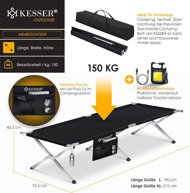 Кемпінгове ліжко KESSER® розкладне з сумкою, ліхтарем та бічною кишенею. Стабільне, металеве, 150 кг, 600D Oxford, 190/210 см, чорне