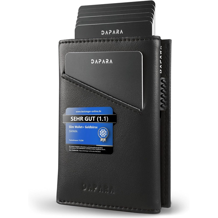 Чоловічий шкіряний гаманець DAPARA з відділенням для монет та RFID-захистом | Slim Wallet для чоловіків | Портмоне на 12 карт | Чорний міні-гаманець з відділенням для монет