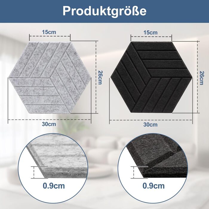 Акустичні гексагональні панелі Fiqops самоклеючі, звукопоглинаючі шестикутні плити для стін (чорні, 30x26x0.9 см), 18 шт — для студії та дому