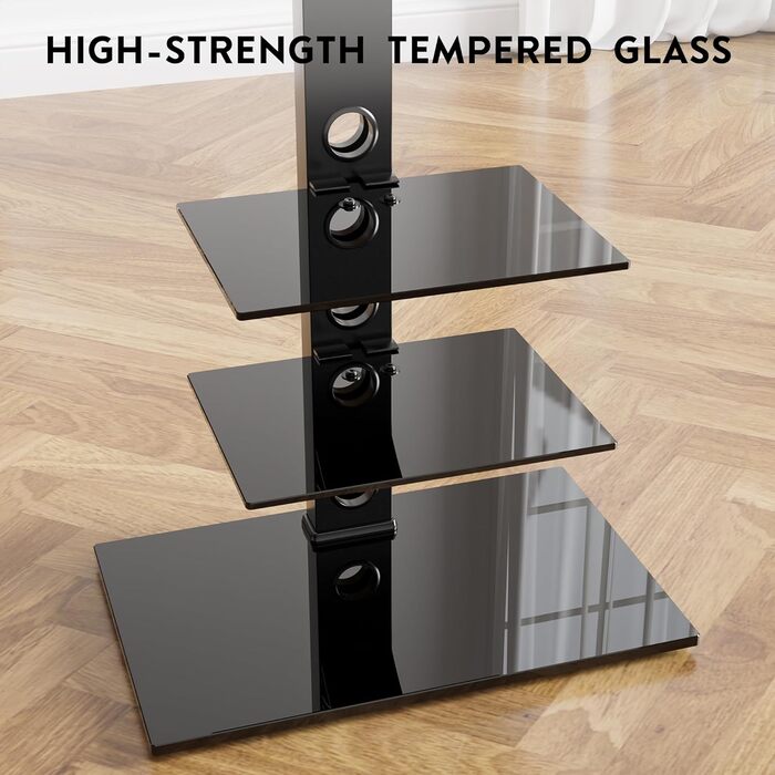 BONTEC TV Stand for 30-70 inch LED OLED LCD Plasma TVs - Adjustable Height, 3-Tier Tempered Glass Shelves, VESA 600x400, 40kg Capacity, Black