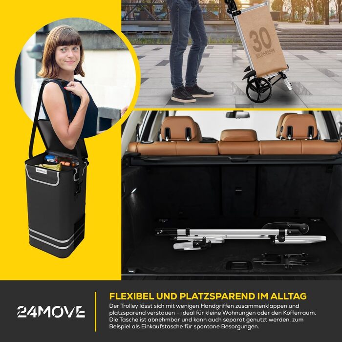 Тролей для покупок 24MOVE® Vehlo: складаний, 55л, з термокишенею, 3в1 (тролей, візок, сумка), до 30кг, чорний