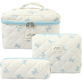 Набір косметичок 3 шт. для подорожей, дамські косметички з квітковим принтом, набір для макіяжу, косметичні сумочки для дівчат та жінок (блакитна стрічка)