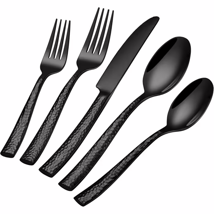 30-Piece Cutlery Set for 6 People, Black, Thickened Stainless Steel Cutlery Set with Hammered Handle, Eating Cutlery Set with Knife, Fork, and Spoon, Mirror Polished, Dishwasher Safe