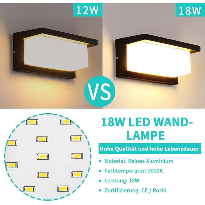 LED вуличний світильник BENMA 18W, IP65, тепле світло 3000K, алюміній, прямокутний | для саду, фасаду, гаража