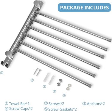 Кріплення для рушників JSVER з нержавіючої сталі, 180° поворот, 6 кріплень, з гачками, для ванної, кухні та гардеробу