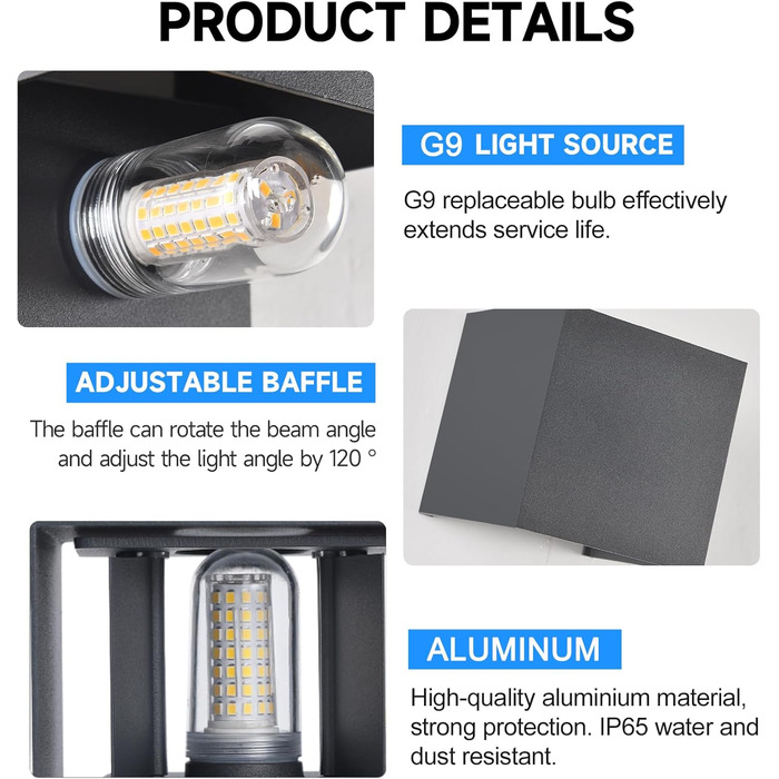 LED-водостійка настінна лампа FUPE 15W для внутрішнього та зовнішнього використання. Регульований кут світла, 3 кольори, IP65, алюміній, квадратна, чорна. Комплект 1