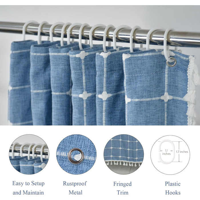 Штора для душу Sage Green - Льняна штора в стилі бохо для ванної кімнати, 72x78 дюймів (183x213 см), з китицями