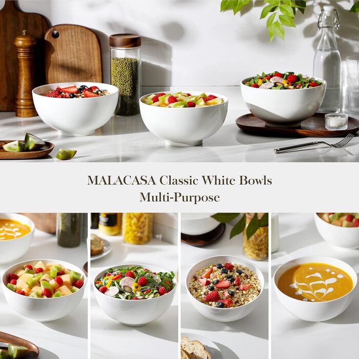 Набір мисок MALACASA, 8 шт., 420 мл, порцеляна. Ідеально для супу, салату, рису, десерту та рамену. Розмір 12,8x12,8x6,5 см, колір кремовий