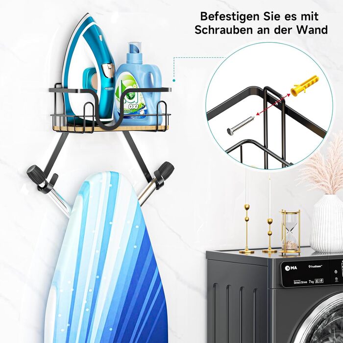 Настінна підставка для прасувальної дошки з кріпленням над дверима, чорна, з великим кошиком та знімними гачками