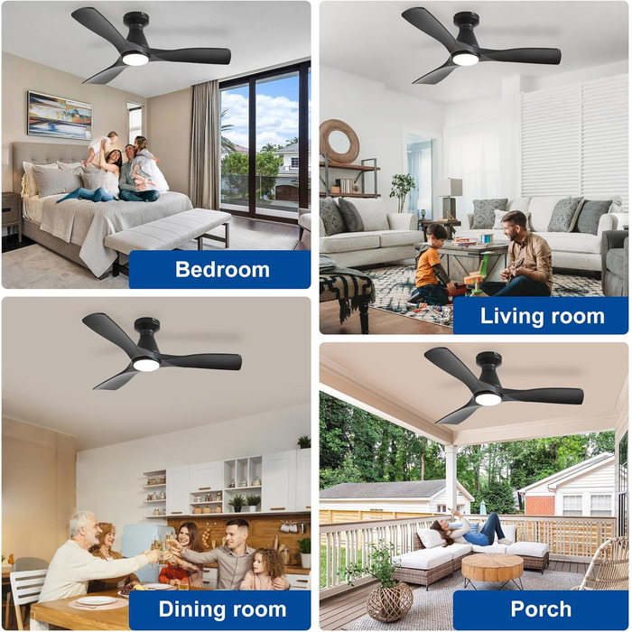 Стелянка вентилятор Depuley 42 дюйми з підсвічуванням: чорний, 3 лопаті, врізний монтаж для спальні. Диммування, керування через додаток, тихий DC-двигун, таймер, чорний колір.