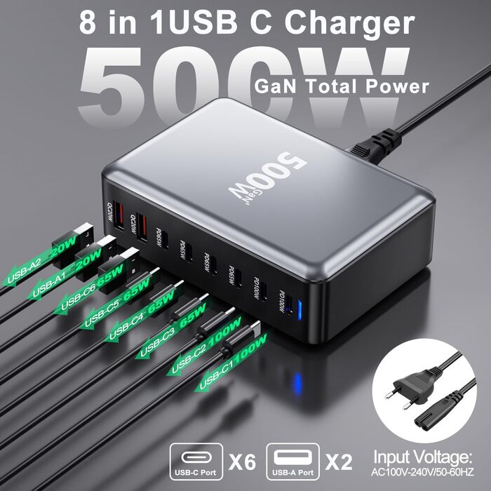 Зарядний пристрій USB-C 500W, 8 портів, GaN PD PPS, для MacBook Pro/Air, iPad, iPhone 15/16, Galaxy S23 - чорний