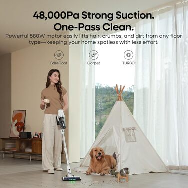 Акумуляторний пилосос ElecKeys 48000Pa/580W з LED дисплеєм, білий. Підходить для твердих поверхонь, килимів та видалення шерсті тварин. 7-шарова фільтрація, антизаплутана щітка, 65 хвилин роботи.