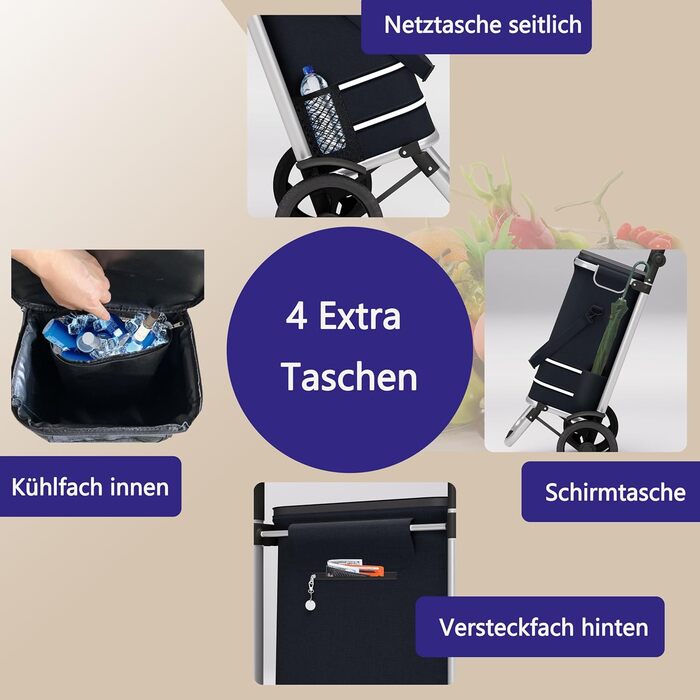 Великий колісний візок для покупок 64L, розкладний, до 60кг, з відділенням-холодильником, з відбивачем, чорний