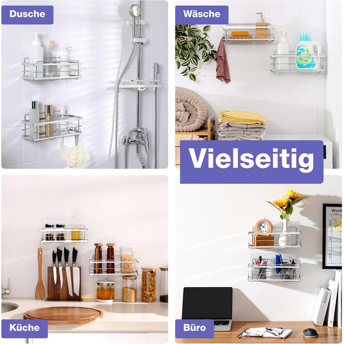 Поличка для душу KINCMAX без свердління з нержавіючої сталі, самоклеюча, з гачками (срібна). Комплект з 2 поличок (прямі, срібні)