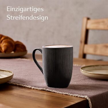 Набір кавових чашок Cosumy 6 шт. чорного матового кольору, 350 мл - смугастий дизайн, кераміка, для мікрохвильової печі та посудомийної машини, зручна ручка