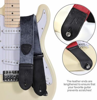 Гітарний ремінь Nefelibata з повного нубуку, вінтажний велюровий ремінь, безкоштовний бонус: 4 медіатори + фіксатори ремінця + кнопка для ремінця, подарунок для бас-гітари, електро- та акустичної гітари (Чарівний фіолетовий, вінтажний сірий)