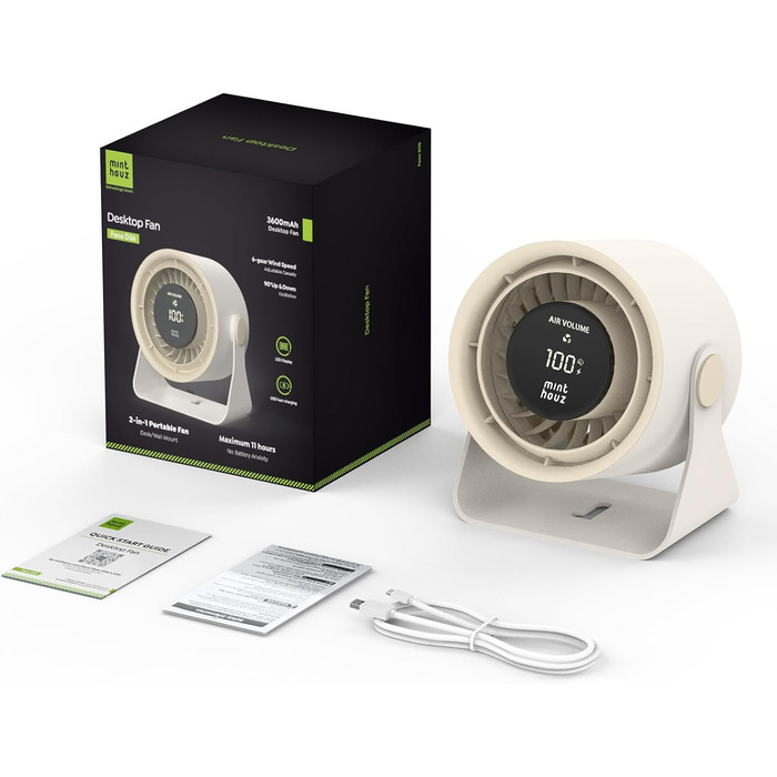 Настільний вентилятор Minthouz з LED-дисплеєм, акумулятор 3600mAh, тихий, регульований, портативний для дому, офісу, подорожей