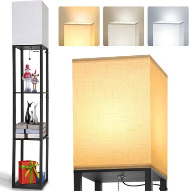 Світлодіодна торшер з дерева, 1.6м, з цоколюванням E27 (3000K-5000K), ретро торшер з 3 полицями, 3 колірні температури, настільна лампа з абажуром для спальні, кута, вітальні, офісу, чорний