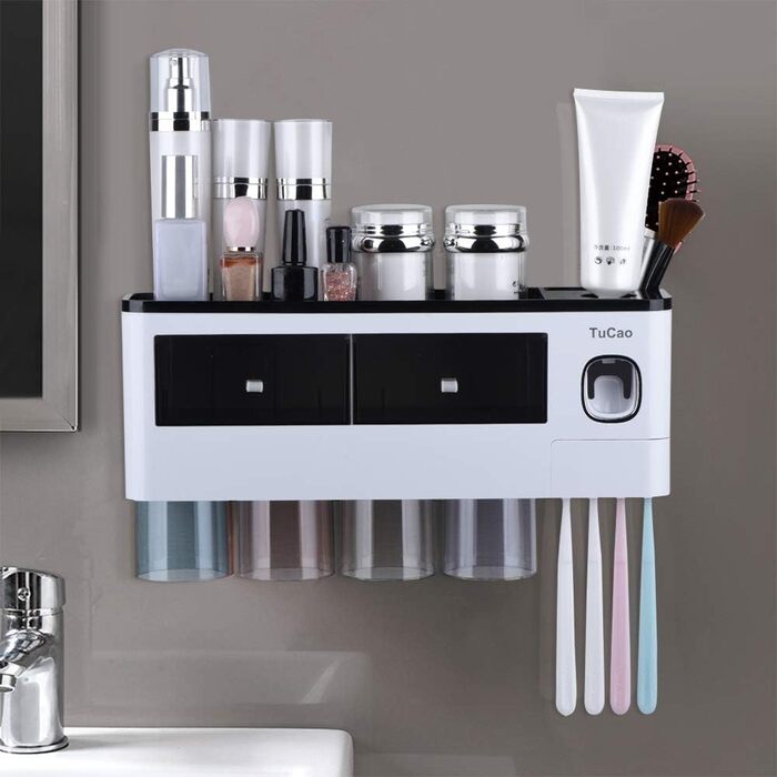 Automatic Toothpaste Dispenser with Space-Saving Toothbrush Holder for Bathroom, 4 Transparent Magnetic Cups, 7 Toothbrush Slots, 1 Cosmetic Organizer Drawer (4 Cups)