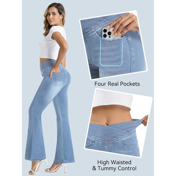 Джинси жіночі Bootcut з високою посадкою VX VONXURY, темно-сині, еластичні, 4 кишені, повсякденні/офісні - 31 Inseam (XL), світло-блакитні - 29 Inseam