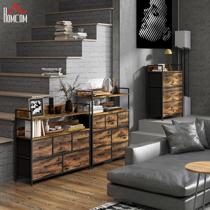 HOMCOM 7-Drawer Fabric Storage Chest of Drawers, Storage Cabinet, Dresser with 2 Shelves, Steel Frame for Bedroom, Living Room, Rustic Brown | Aosom