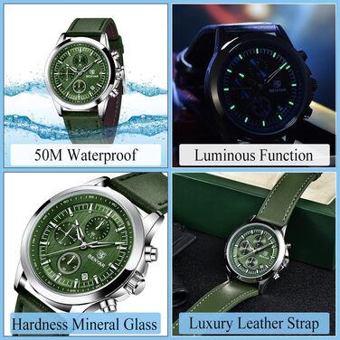 Годинник чоловічий BENYAR Chronograph Аналоговий кварц Водостійкий зі світлодіодною підсвічуванням дати, стильний бізнес-годинник для чоловіків (зелений)