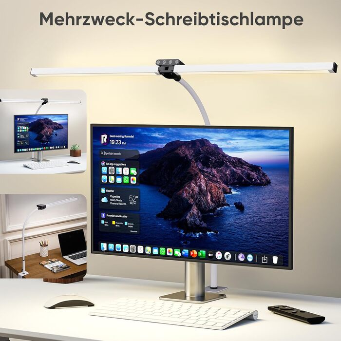 LED лампа для столу Doppelkopf з RGB, регулюванням яскравості 24W, з пультом дистанційного керування, кріпленням, денним світлом, безступеневим регулюванням & кольором, для офісу та дому (чорна) (білий)
