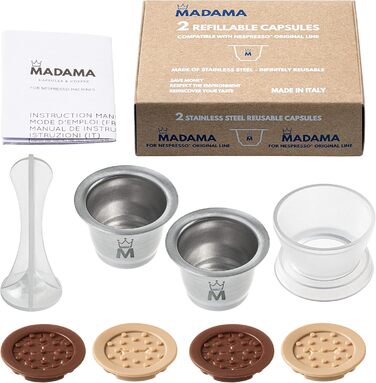 Madama — багаторазова капсула для кави Nespresso, нержавіюча сталь і харчовий силікон, набір 2 шт., вироблено в Італії