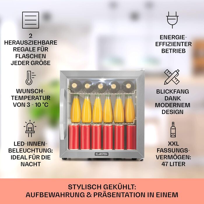 Klarstein Mini-холодильник з скляними дверцятами, 47 літрів, для кімнати, тихий, indoor/outdoor, срібно-білий