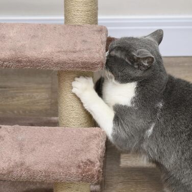 PawHut 3-Step Pet Staircase with Scratching Posts, Ball, Dog Staircase, Pet Staircase for Cats up to 5 kg, Plush Jute, White 45 x 40 x 48 cm (45L x 40W x 48H cm, Brown)