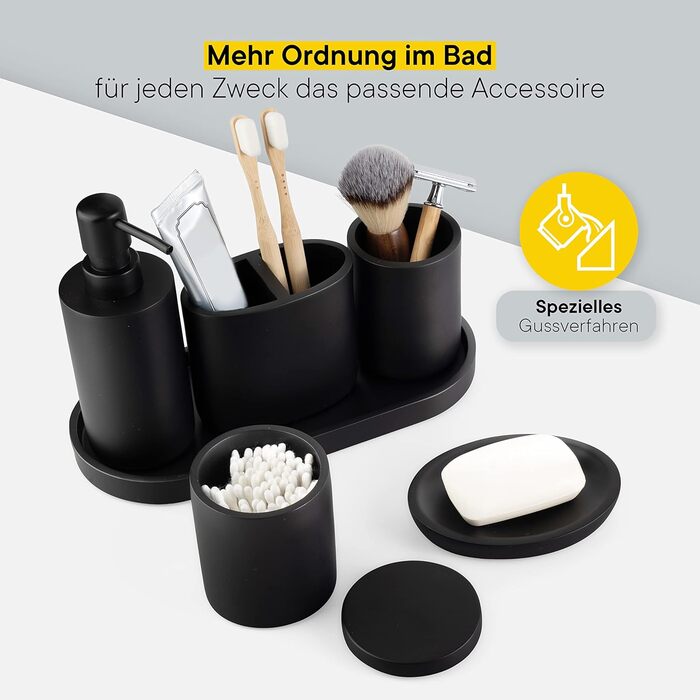 DELUXXOO® Набір аксесуарів для ванної кімнати 6 шт. чорний матовий: органайзер, диспенсер для мила, мильниця, стакан для зубної щітки, піднос, ящик для зберігання