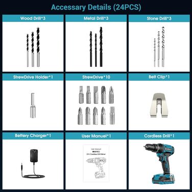 Акумуляторний шуруповерт MHPRO 21V з 2 акумуляторами 2.0Ah, 42Nm, 2 швидкості, 25+3 ступені крутного моменту, патрон 10 мм, LED-ліхтар, 14-ти елементний набір аксесуарів для дому, саду та DIY проектів (Блакитний 21V-1Akku)