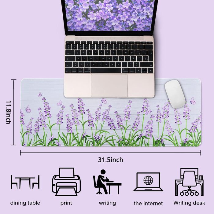 Мат для миші Sakura з квітковим дизайном, XL, 31.5 x 11.8 см, чорний, лавандовий