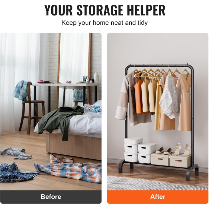 Стійка для одягу VEVOR - чорна, 400 x 1010 x 1510 мм. Підходить для спальні, ванної, гардеробу та прихожої. Міцна та універсальна