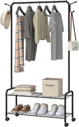 Clothes Rack with 2-Tier Shelf, 3-in-1 Design, Clothes Stand with 4 Wheels, Coat Rack with 4 Hooks for Bags, GR07499A (Black)
