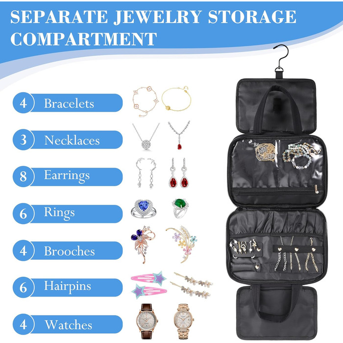 Сумка-органайзер для косметики та аксесуарів для жінок з гачком, чорна. Водонепроникна дорожня сумочка з кількома відділеннями