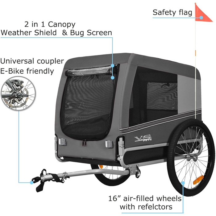 Причіп для собак Tiggo VS Pets L – великий, 270л, для собак до 35 кг, сірий