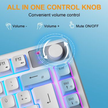 Кабельний комплект клавіатури та миші QWERTZ DE: ігрова клавіатура з регулятором гучності та RGB миша з індикатором заряду, для PC, Mac, Xbox, PS5