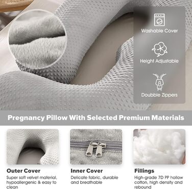 Подушка для вагітних Elover U-подібної форми, 144 см, знімний чохол, зелений (сірий світлий), поліпропілен