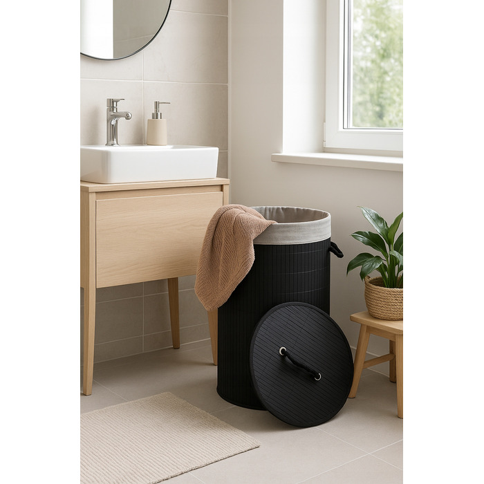 Великий круглий бамбуковий кошик для білизни з кришкою, 60 л, чорний
