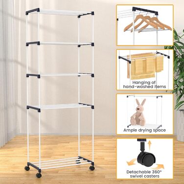 Сушарка для білизни мобільна 5-ярусна, підлогова, для ванної кімнати, квартири, пральні - компактна, на колесах