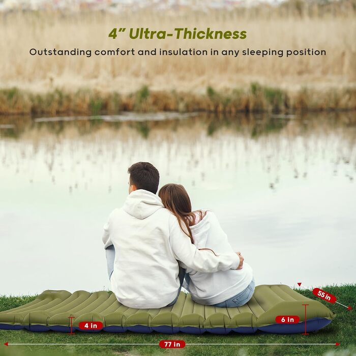 Thick Inflatable Sleeping Pad with Foot Pump and Pillow, Ultralight Camping Air Mattress for Outdoor, Hiking, Bikepacking (Green, Double)