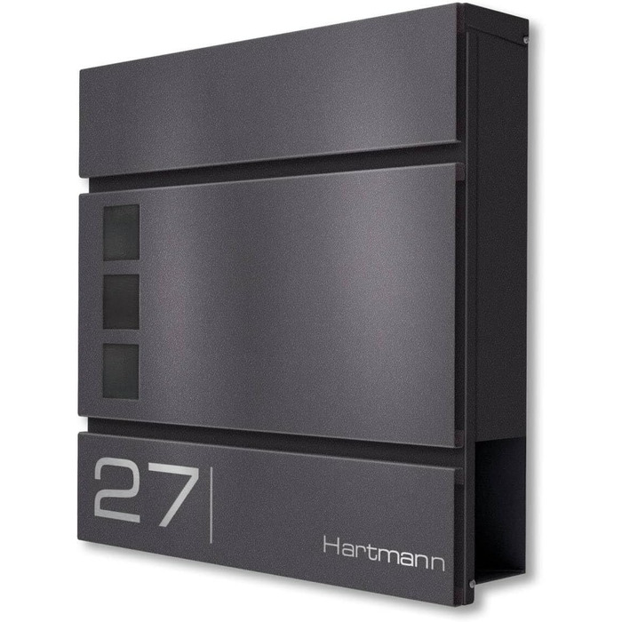 Поштова скринька Metzler Cube Anthrazit RAL 7016 з лазерним гравіюванням адреси та номера будинку, з газетницею та вікном - 37x37x10.5 см (Db703 Eisenglimmer)