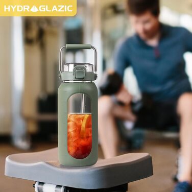1.9L Glass Water Bottle, Glass Drinking Bottle with Straw and Stainless Steel Handle, Motivational Water Bottle with Silicone Sleeve and Time Marker, Water Pitch, (Olive2, 1900ML)