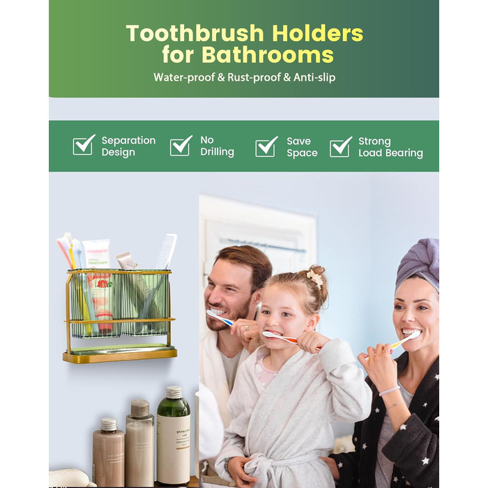 KONE Toothbrush Holder, Wall Mount, Bathroom, Hanging Electric Toothbrush Holder with 2 Removable Compartments, Drainage, Dry and Wet Separation for Bathroom, Kitchen, Family (White) (Gold)