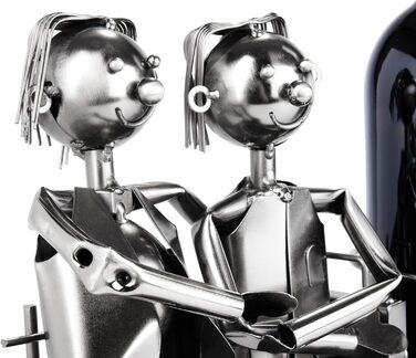 BRUBAKER Bottle Holder Men Loving Couple on Bench - Wine Bottle Holder Man + Man Silver - Bottle Stand Metal Figure Love - Metal Sculpture Gift for Married Couples with Gift Card