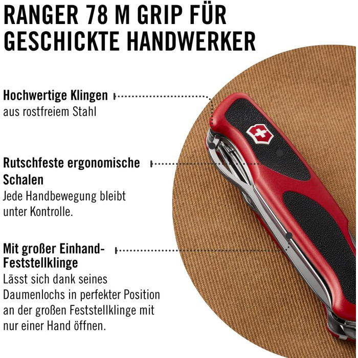 Швейцарський ніж Victorinox Ranger 78 M: мультитул з 12 функціями, фіксатор леза, відкривачка для пляшок, червоно-чорний